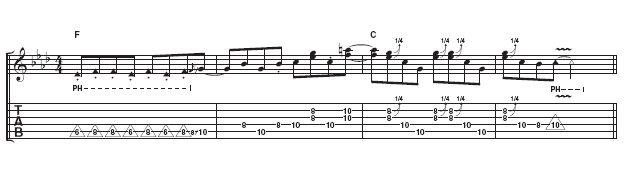 This example makes much more of a feature of the staccato pinch harmonics. It also uses some bluesy doublestops, some of which are bent a quarter tone to sound