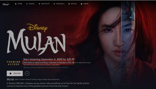 This screenshot of the Mulan page of DisneyPlus.com shows the movie leaving Premier Access on Dec. 4, 2020.