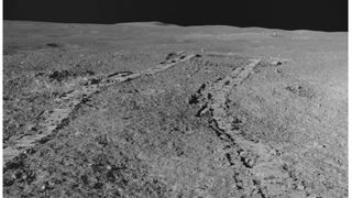 Tracks in lunar soil made by the Pragyan rover.