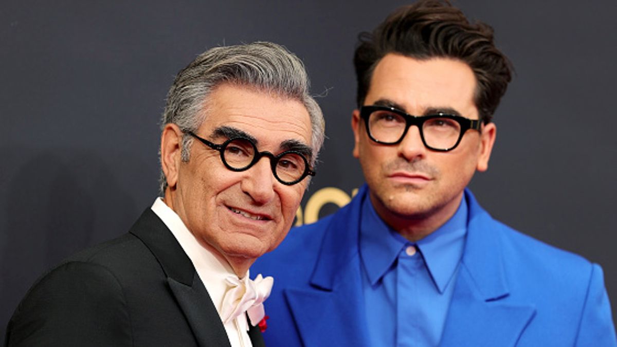 (L-R) Eugene Levy and Dan Levy attend the 73rd Primetime Emmy Awards at L.A. LIVE on September 19, 2021 in Los Angeles, California. (Photo by Rich Fury/Getty Images)