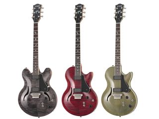 Three of the new custom Butterfly guitars.