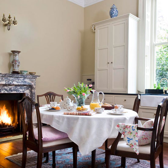 living room dinning table with chair and fireplace