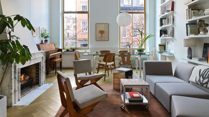 a modern apartment living room with wall storage