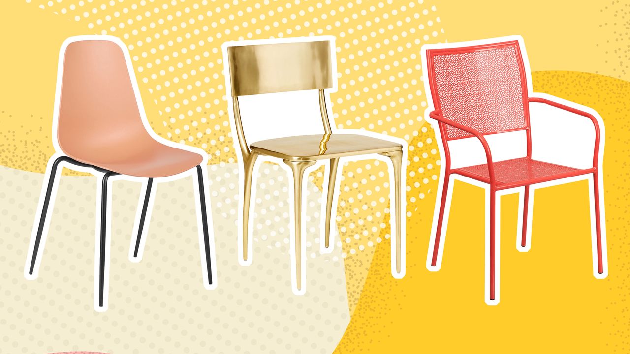 A trio of outdoor dining chairs on yellow graphic background