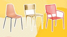 A trio of outdoor dining chairs on yellow graphic background