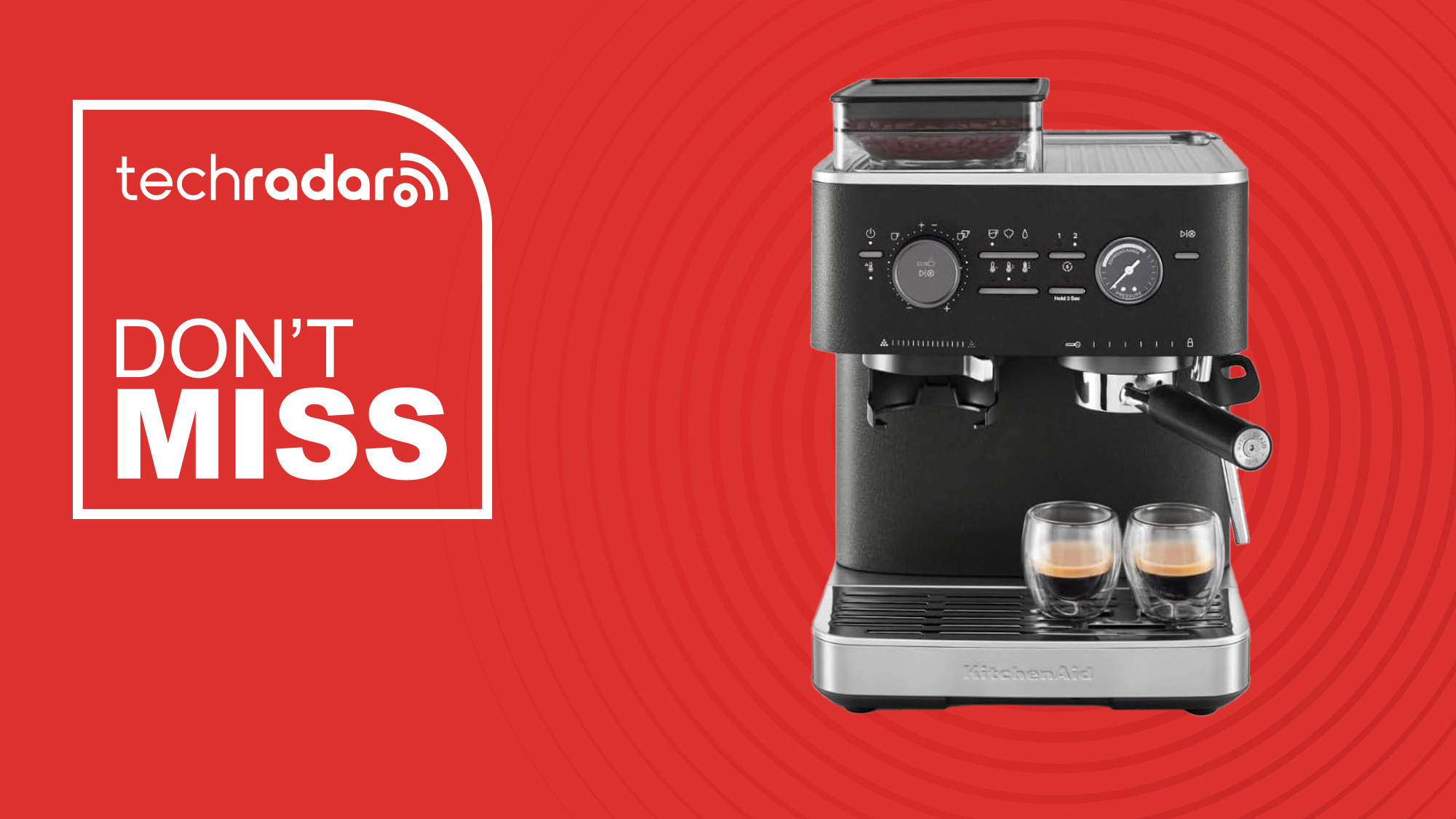 Black KitchenAid Semi-Automatic Espresso Machine on a red background, with "Don't Miss" text in white. 