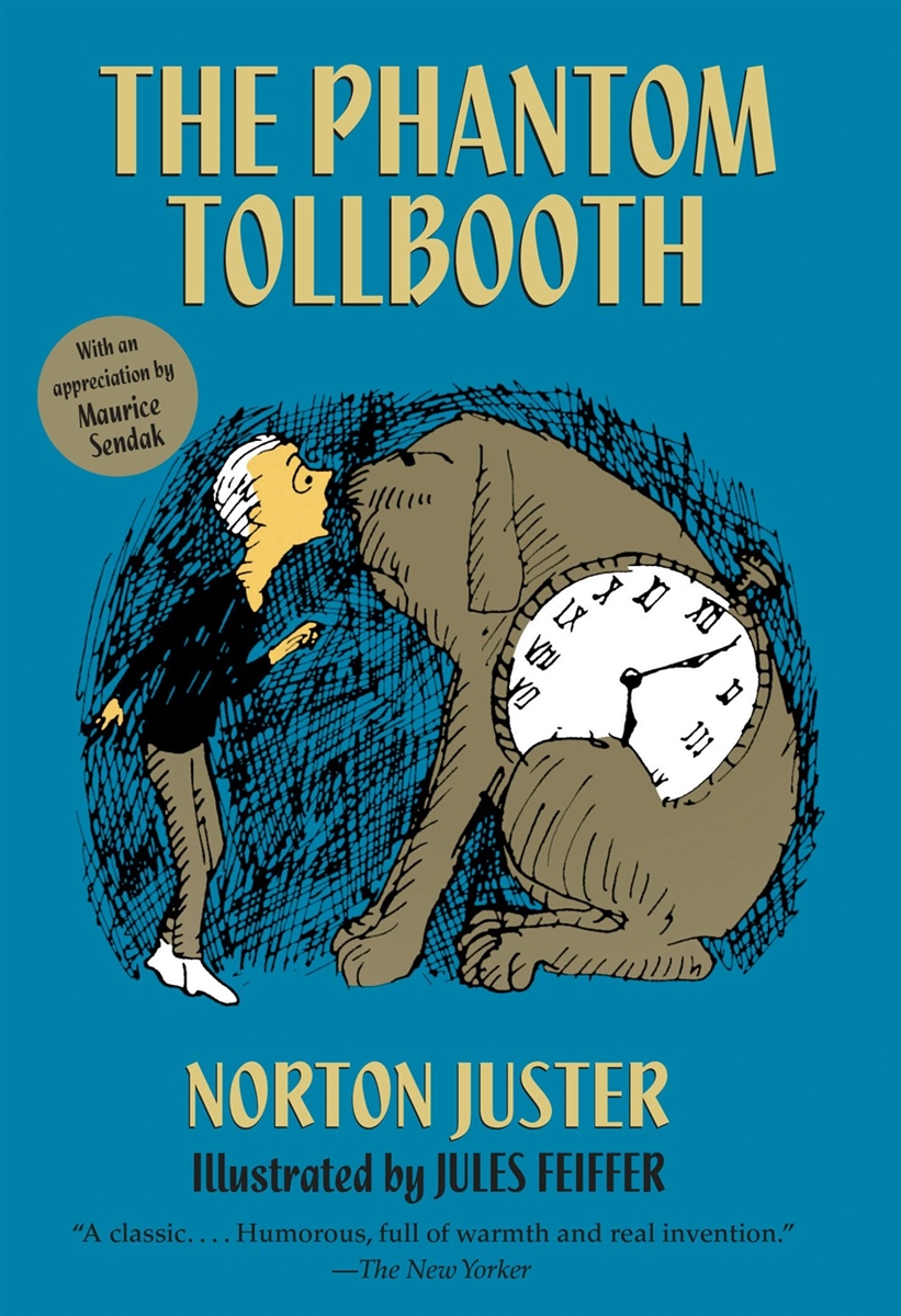 the cover of the book the phantom tollbooth featuring a boy looking in the eye of a giant dog with a clock on his side