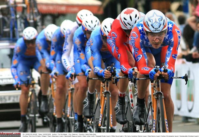 Team Slipstream with Dave Zabriskie's 'tash setting the pace