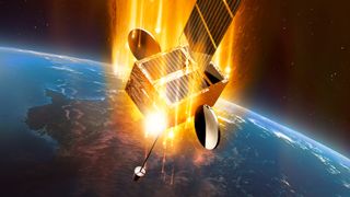 a cube-shaped spacecraft with two wing-like solar panels falls from space to earth, leaving a trail of fire behind it