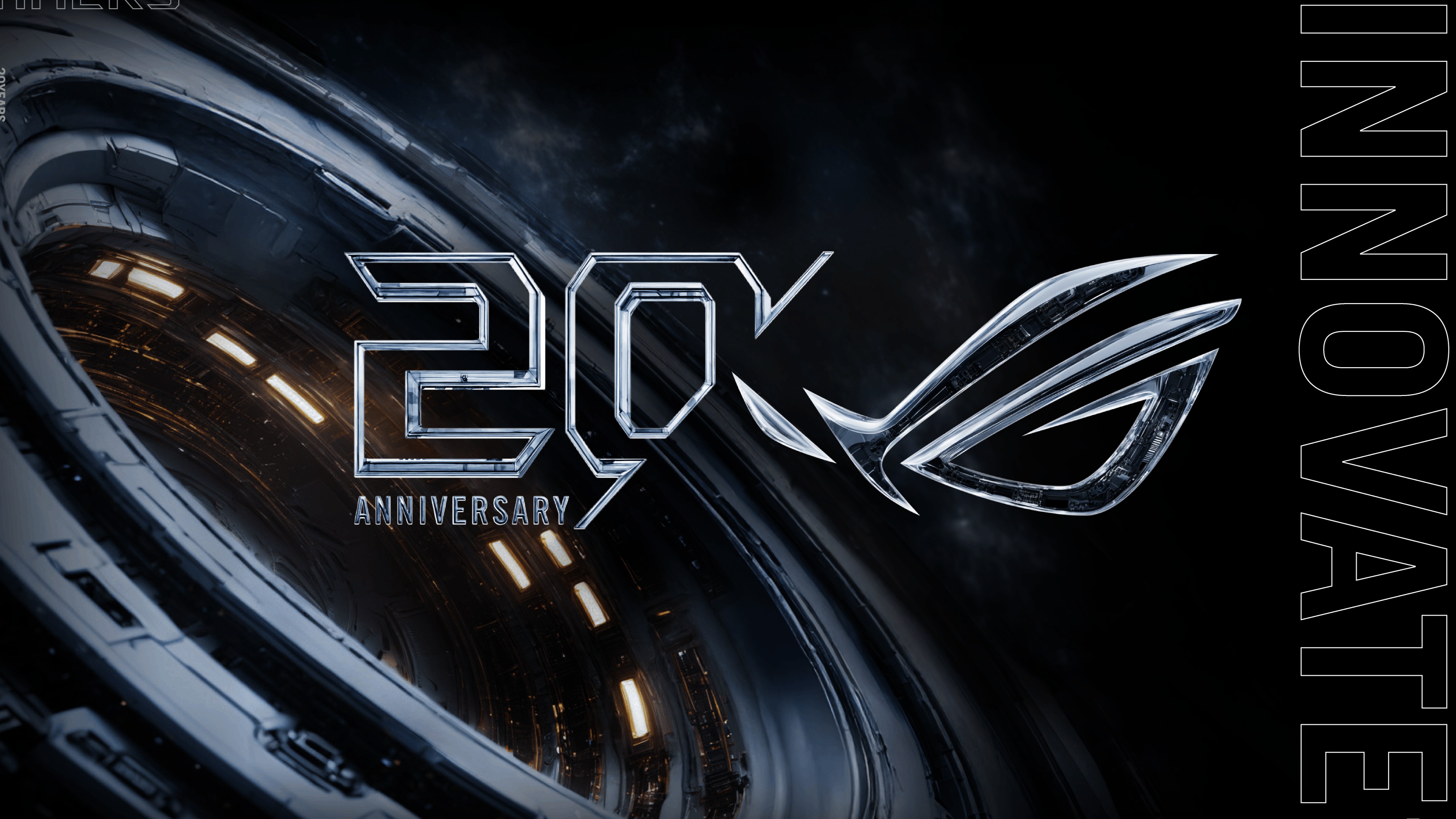 The Asus ROG 20th Anniversary logo on a sci-fi background with the word innovate on the right hand side