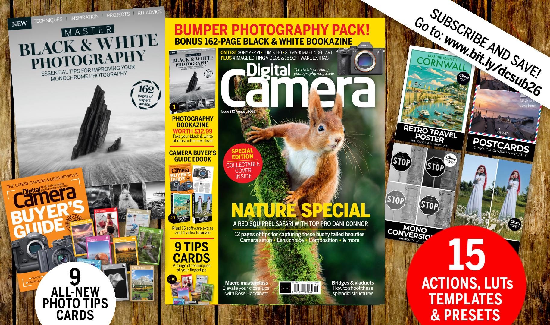 Front cover of issue 310 (August 2026) of Digital Camera magazine and images showing the included bonus gifts &amp;ndash; 9 photo tips cards, 4 image editing tutorial videos, 15 software extras and two e-books