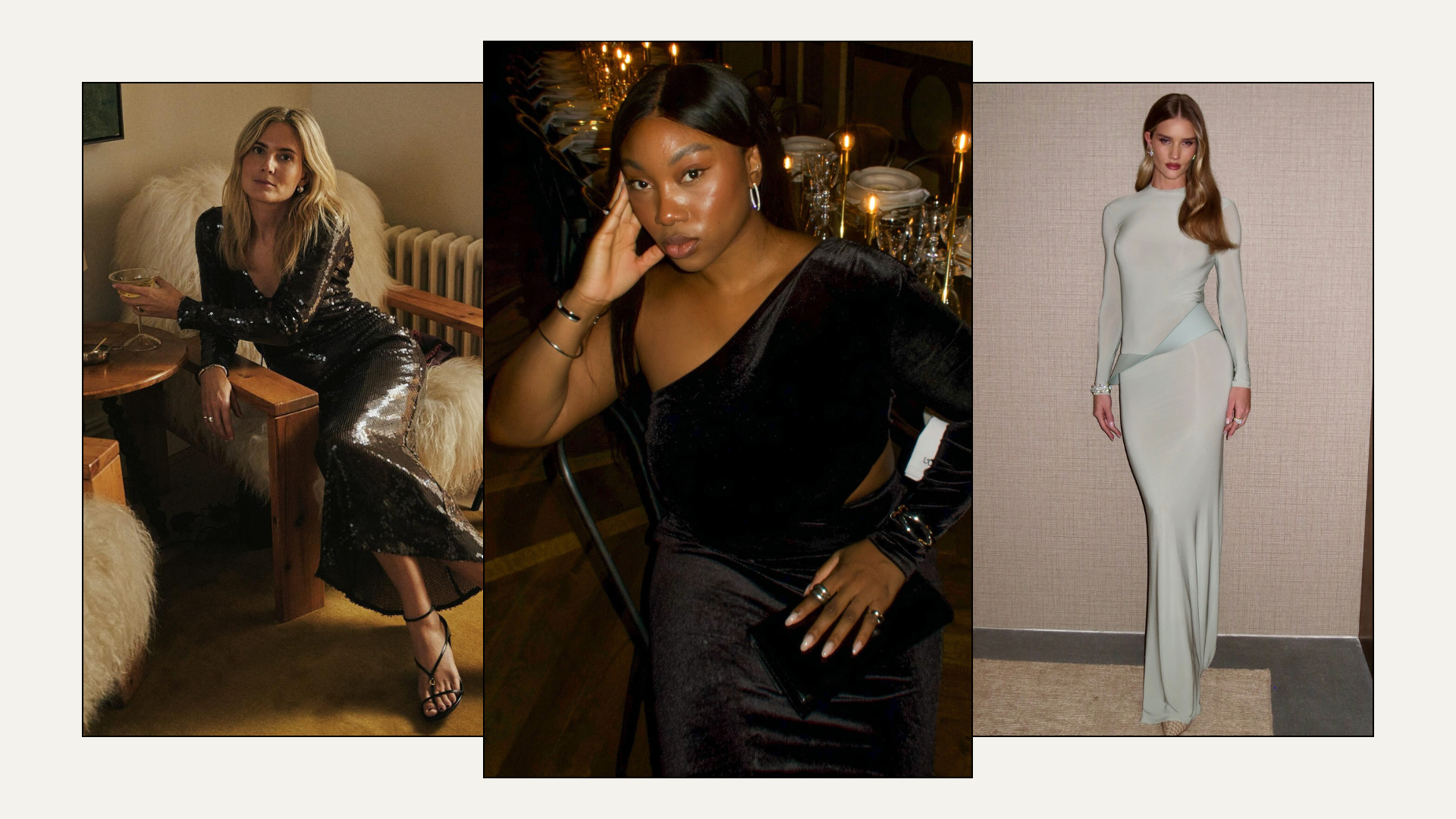 A collage of the best autumn wedding guest dresses, as seen on style insiders like Rosie Huntington-Whiteley and Lucy Williams.