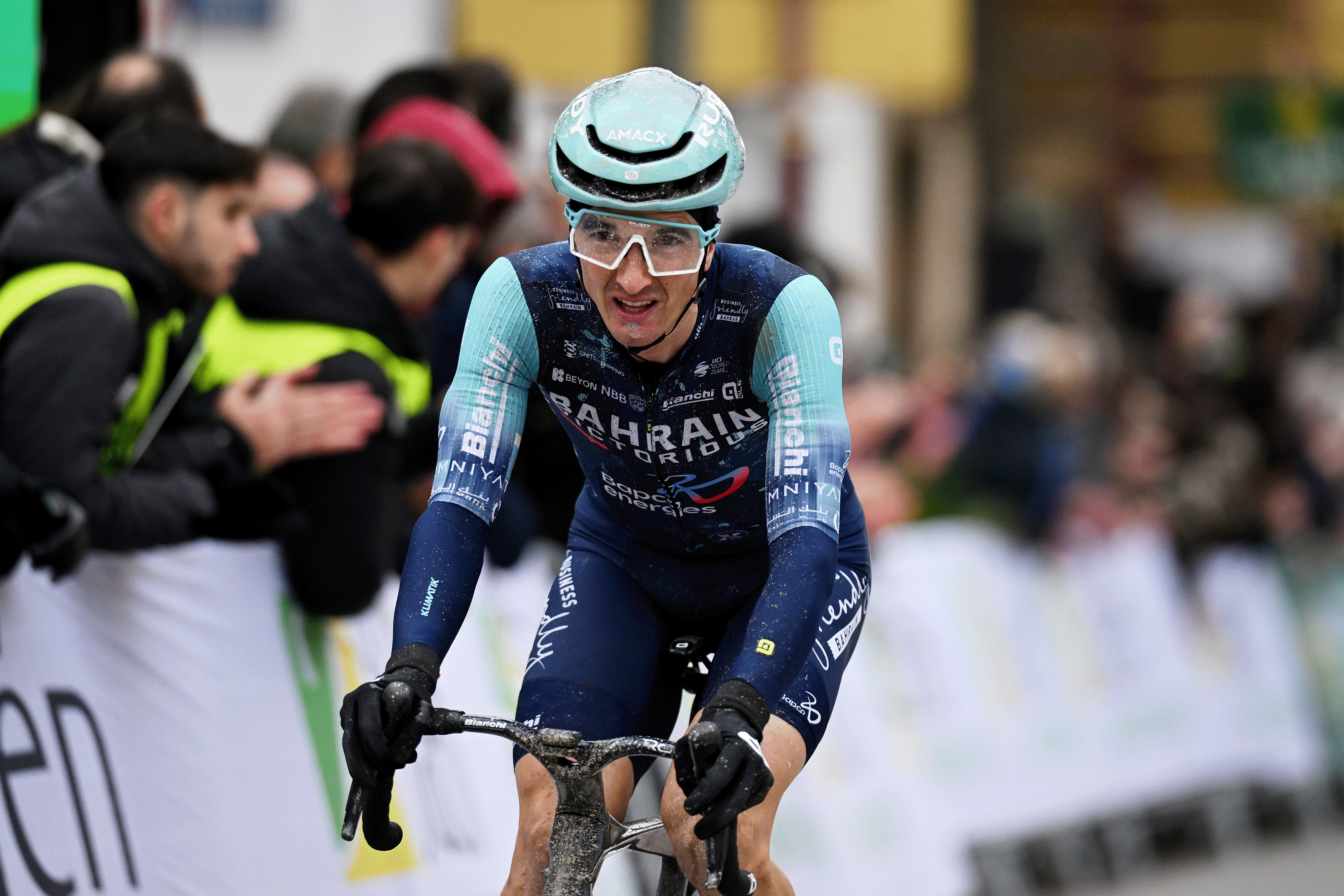 UBEDA, SPAIN - FEBRUARY 16: Pello Bilbao of Spain and Team Bahrain - Victorious crosses the finish line during the 5th Clasica Jaen Paraiso Interior 2026 a 154.2km one day race from Ubeda to Ubeda on February 16, 2026 in Ubeda, Spain. (Photo by Dario Belingheri/Getty Images)