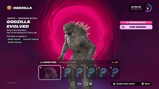 Godzilla stands against a pink and purple background on the Bonus Rewards menu in Fortnite