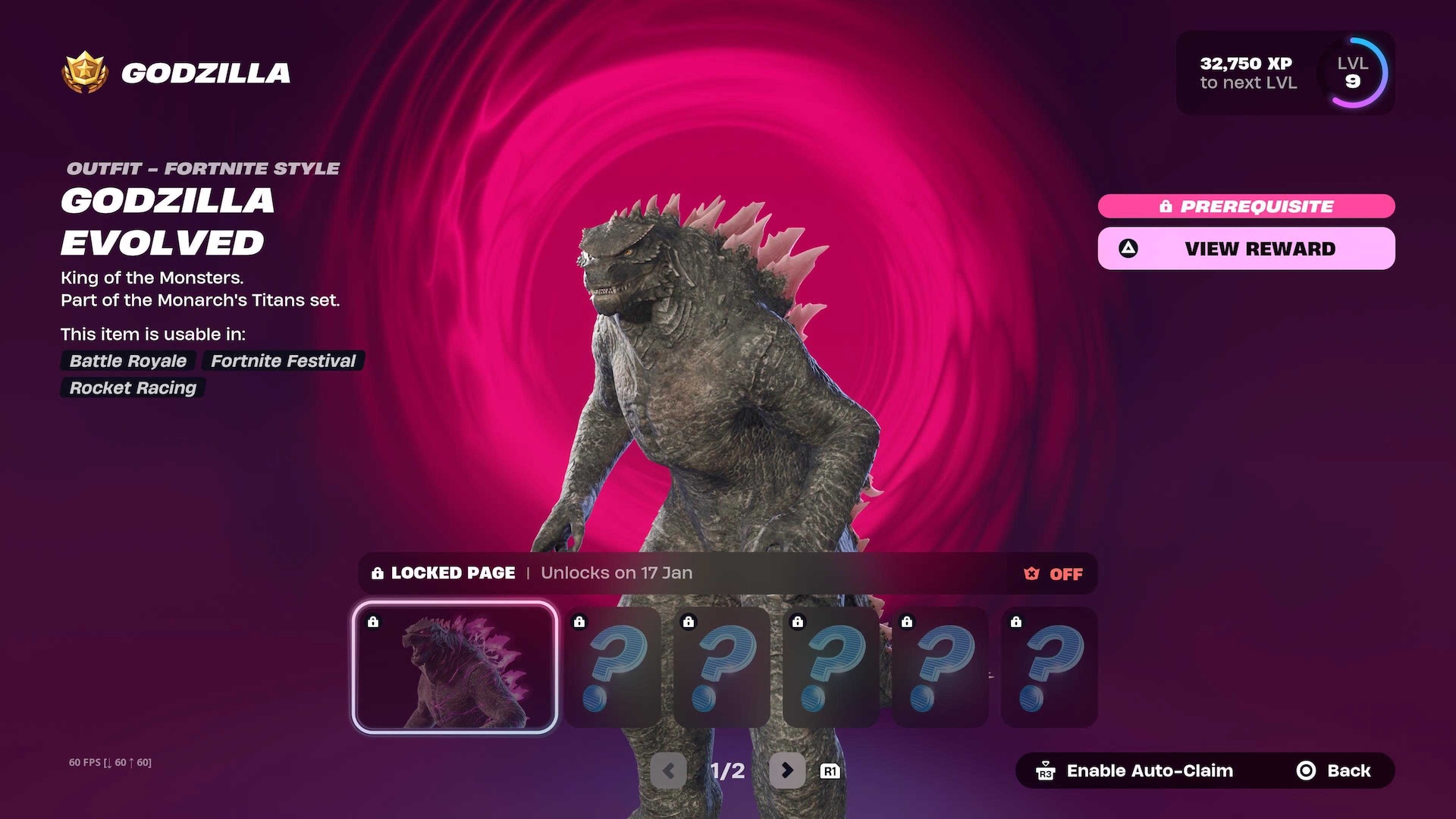 Godzilla stands against a pink and purple background on the Bonus Rewards menu in Fortnite