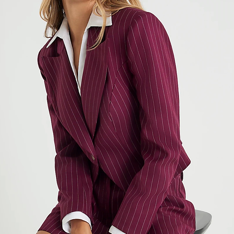 River Island, Red Pinstripe Hybrid Crop Fitted Shirt Blazer