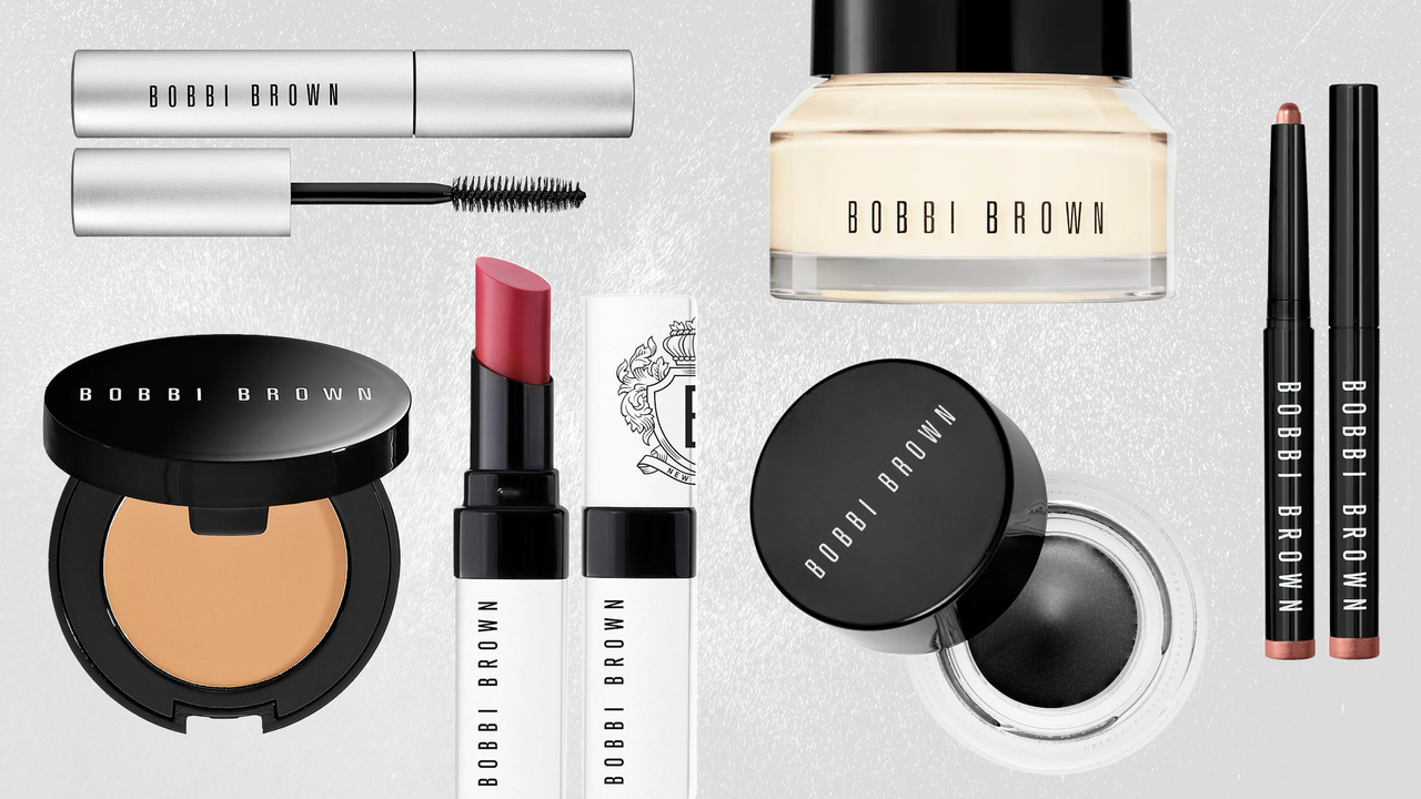 Product collage of bobbi brown vitamin-enriched base, lip tinted balm, under-eye corrector, gel eyeliner, eyeshadow stick