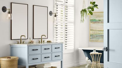 A blue and white Sherwin-Williams bathroom