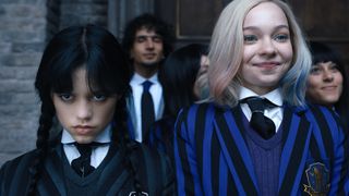 (L to R) Jenna Ortega as Wednesday Addams, Emma Myers as Enid Sinclair in episode 102 of Wednesday.