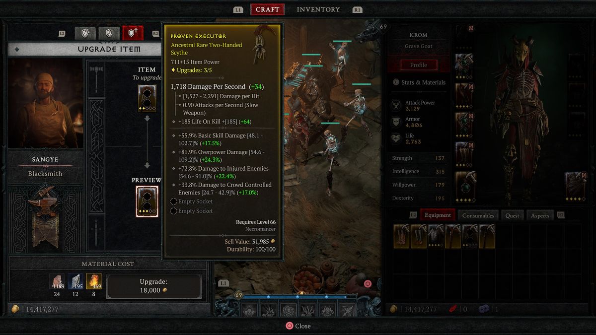 Diablo 4 item power breakpoint - upgrading an scythe