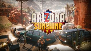 Arizona Sunshine logo in front of a street filled with abandoned cars in the desert