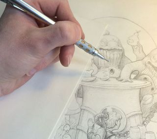 Sketching tips: A photo of a hand sketching a sci-fi dinner party scene.