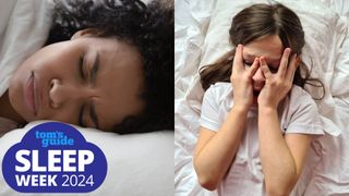 Nightmares vs night terrors: A picture of a young woman in bed having nightmares next to a picture of child having night terrors
