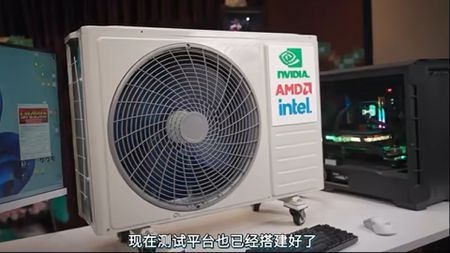 A screenshot of a video on BiliBilli showing an air conditioning unit attached to a PC with Nvidia, AMD and Intel stickers.