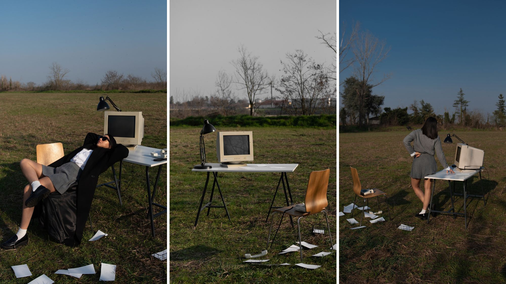 quit your job - Vintage computer workspace abandoned in rural field landscape - TVS