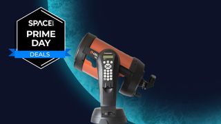 Celestron NexStar 8SE telescope in front of a blue planet background with a Space.com badge in the top right corner
