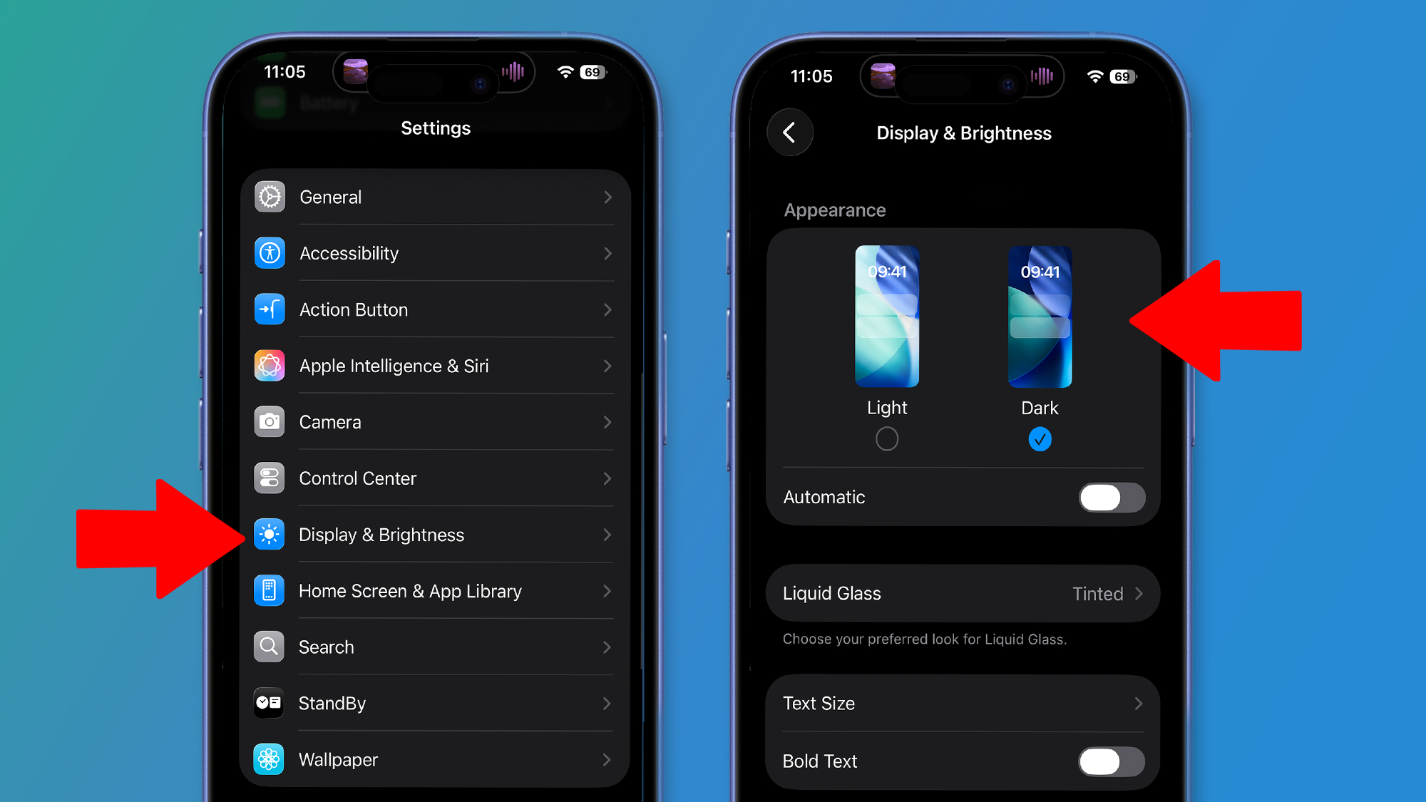Two iPhones on a green and blue background showing iOS 26 battery settings