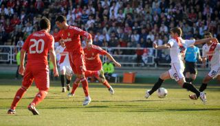 Cristiano Ronaldo scores a back-heel for Real Madrid against Rayo Vallecano in February 2012.