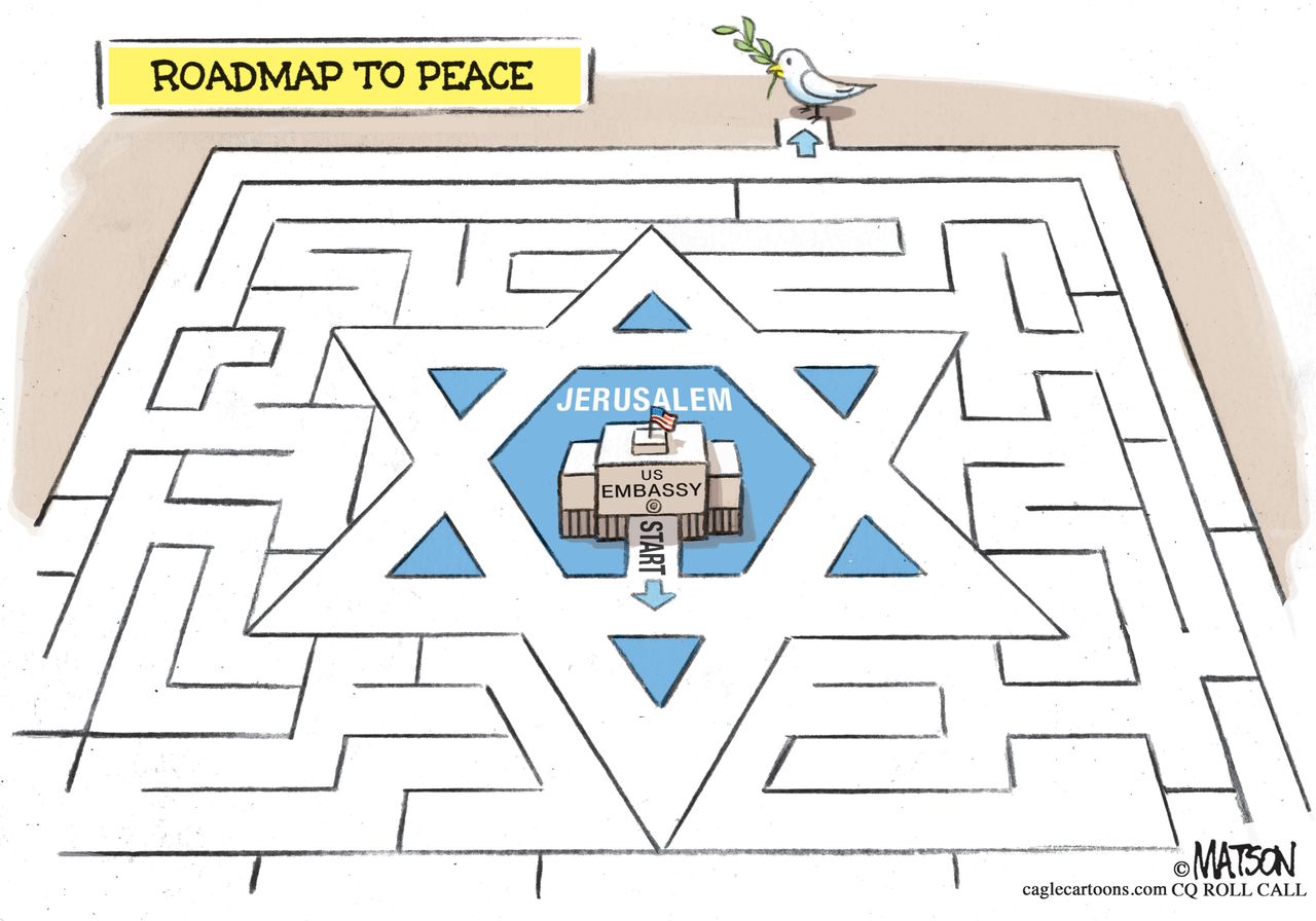 Political cartoon U.S. Israel Palestine peace plan Jerusalem embassy