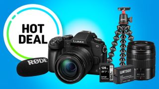 A Lumix G camera, Rode microphone, Joby tripod, and Lexar memory cards labeled as a "Hot Deal" on a bright blue background