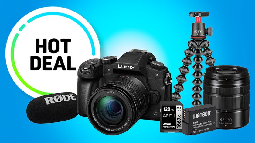 A Lumix G camera, Rode microphone, Joby tripod, and Lexar memory cards labeled as a &quot;Hot Deal&quot; on a bright blue background