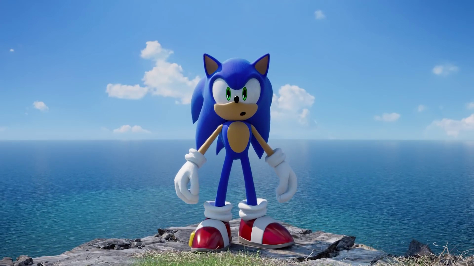 Sonic standing gobsmacked at the edge of a cliff