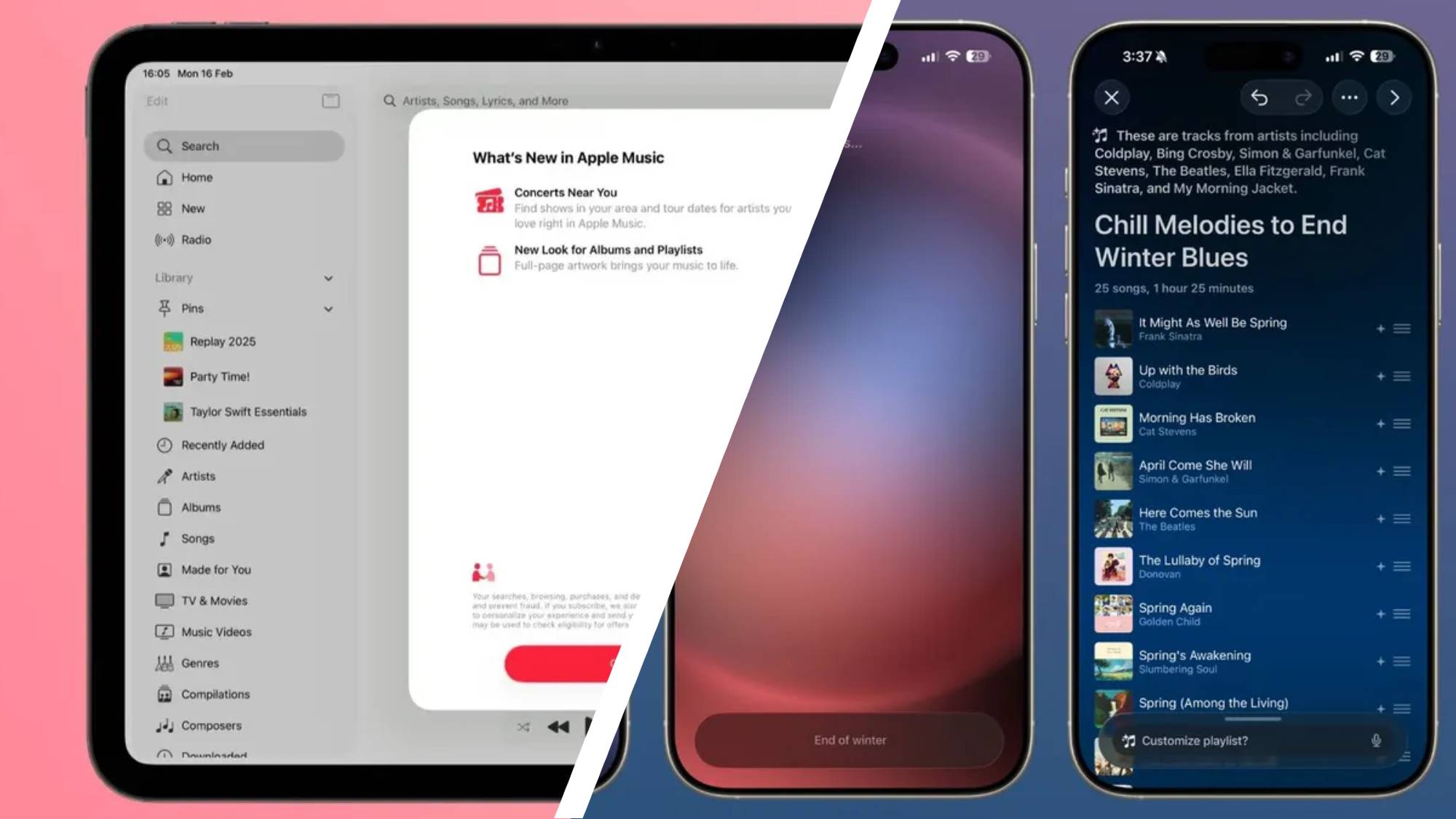 A split image showing two new Apple Music features Concerts Near You and Playlist Playground