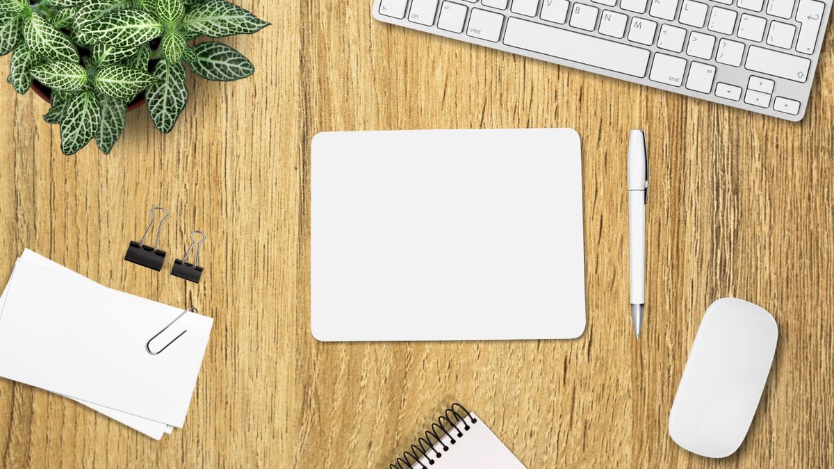 Office equipment across a desk including a mousepad, mouse, keyboard and plant