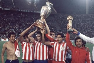 Paraguay players celebrate after winning the Copa America in 1979.