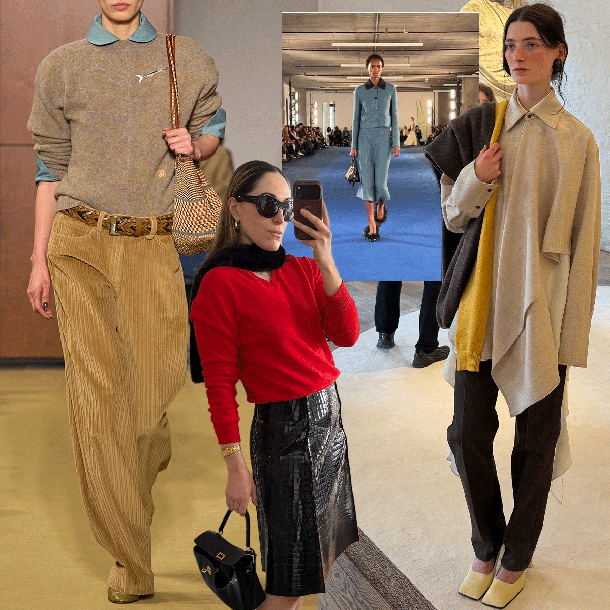 a collage of fashion editor outfits, runway imagery and runway videos featuring what Who What Wear editors saw, wore, ate, and did during New York Fashion Week fall/winter 2026