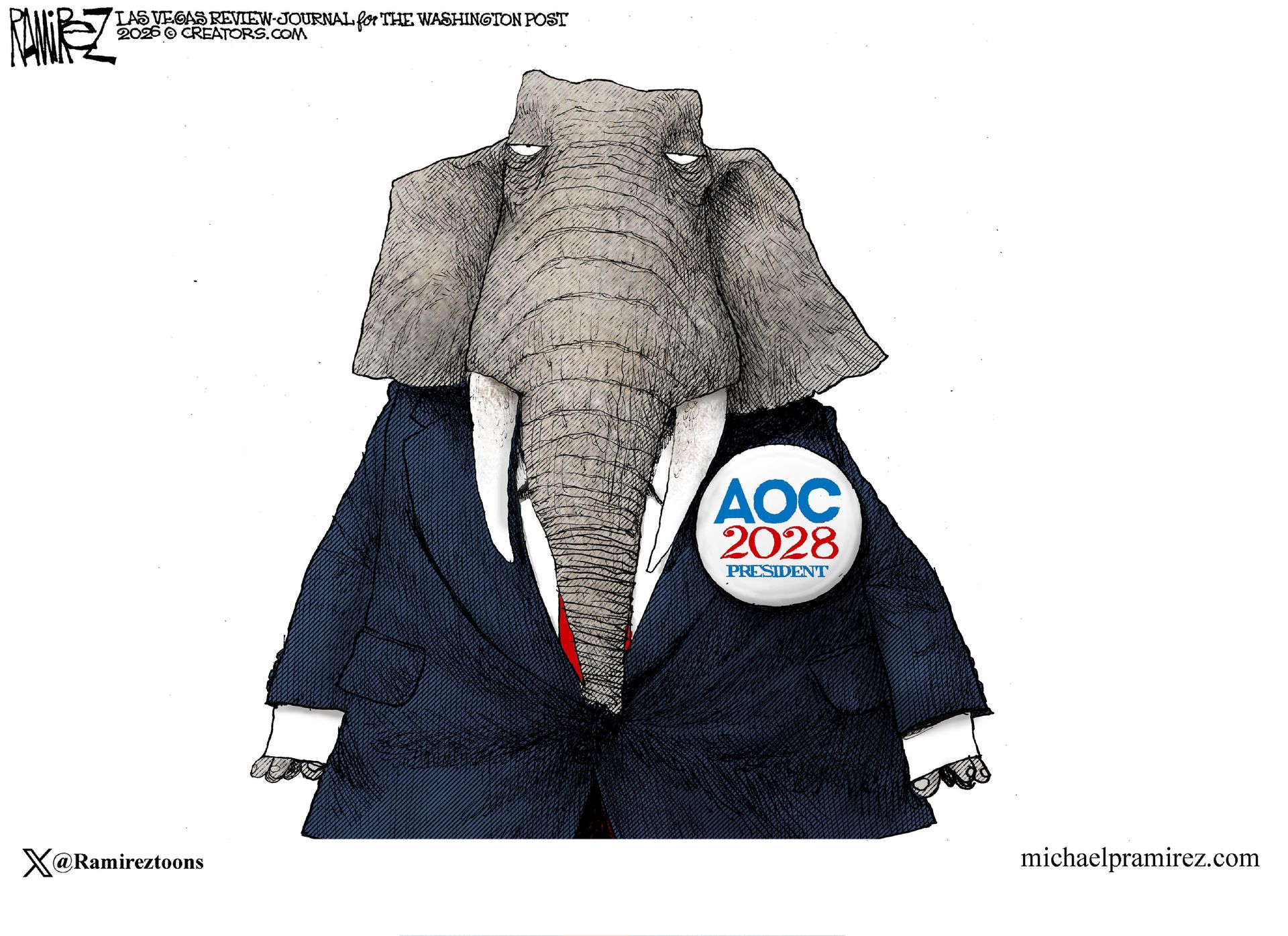 
                                An elephant in a suit has hooded eyes and wears an “AOC 2028 President” button.
                            