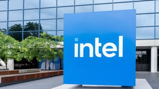 Intel logo on a sign.