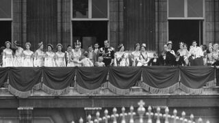 Queen Elizabeth II and Prince Philip, Duke of Edinburgh with the Queen Mother and Princess Anne, Princess Margaret and members of the immediate and extended Royal Family on the balcony of Buckingham Palace