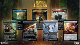 An array of Tomb Raider MTG cards on a jungle background