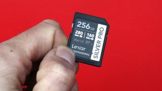 Lexar Silver Pro SD card in hand