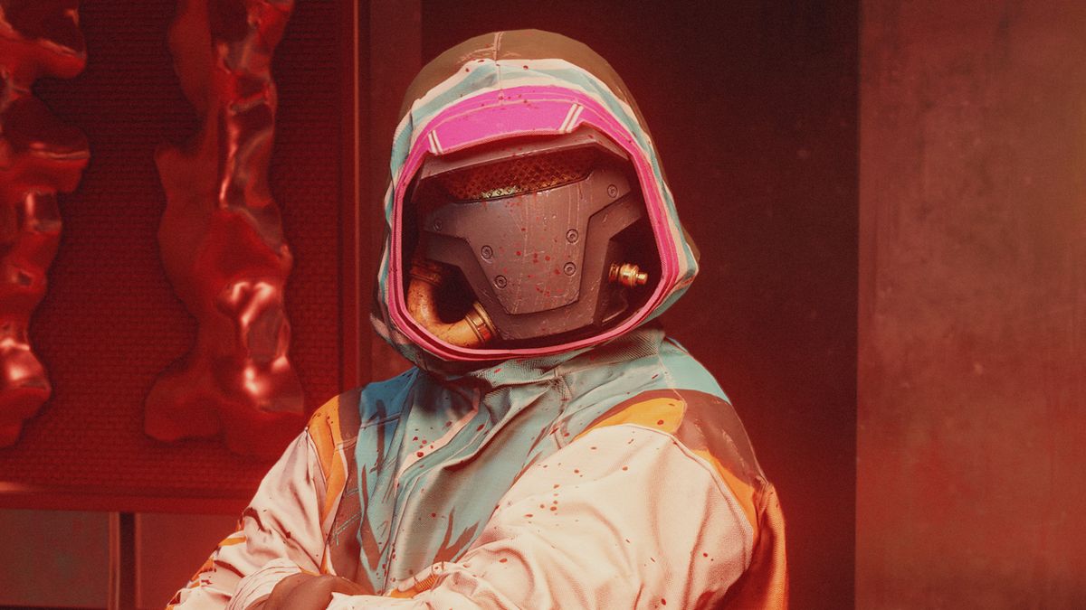 Starfield — a masked character with a colorful, hooded outfit in electric blues and pinks.