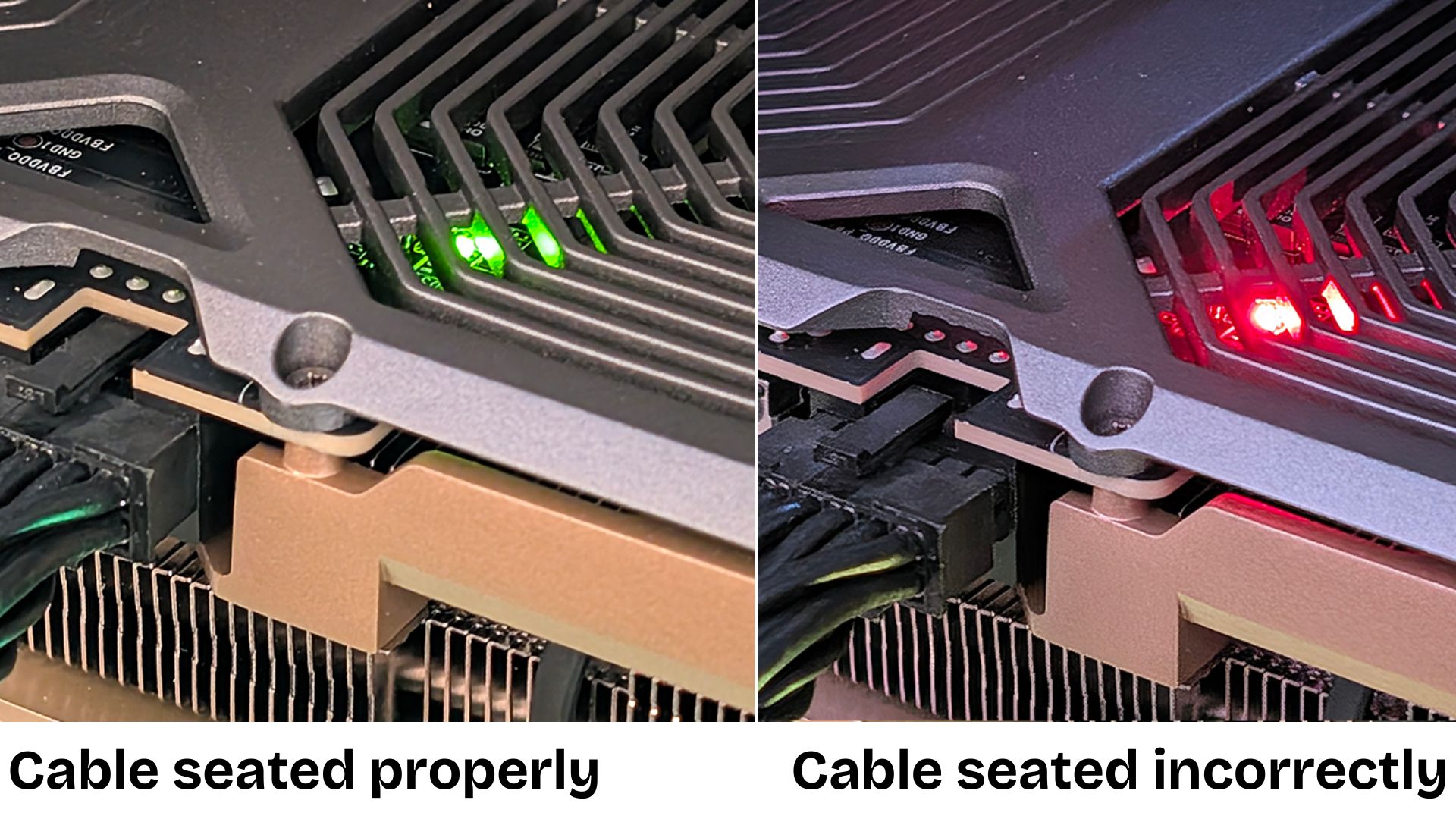 Zotac RTX 50 series card side by side (Cable seated properly and then Cable seated incorrectly)