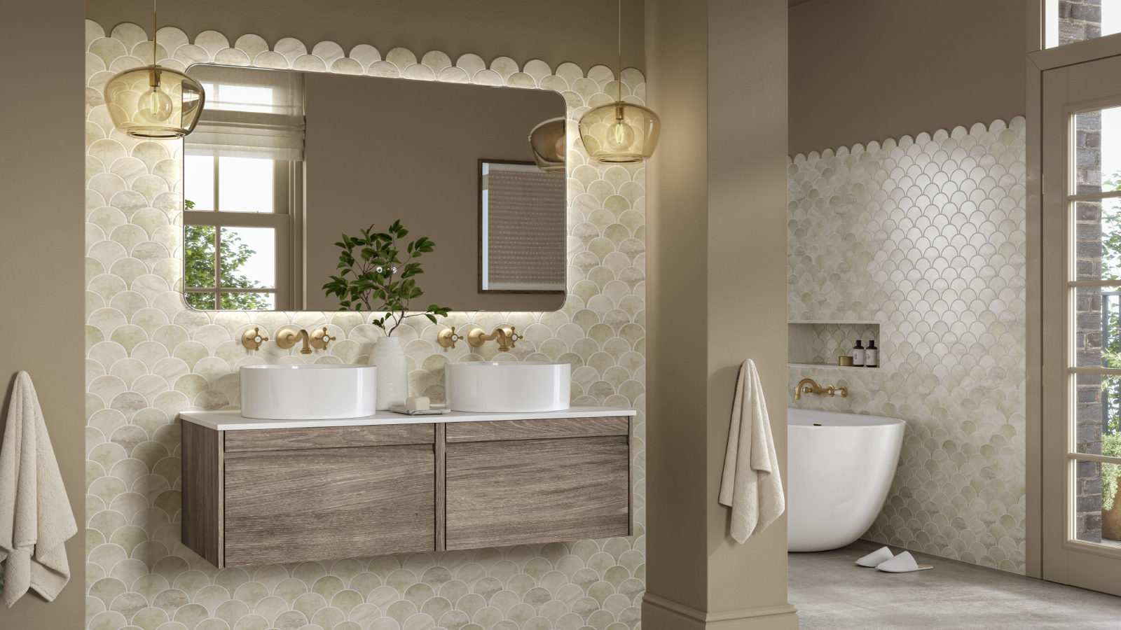bathroom with double vanity unit and pendant lights either side of mirror with lights