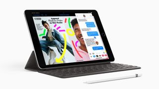 iPad 9th Generation in the Keyboard Folio Case with the Apple Pencil on a white background