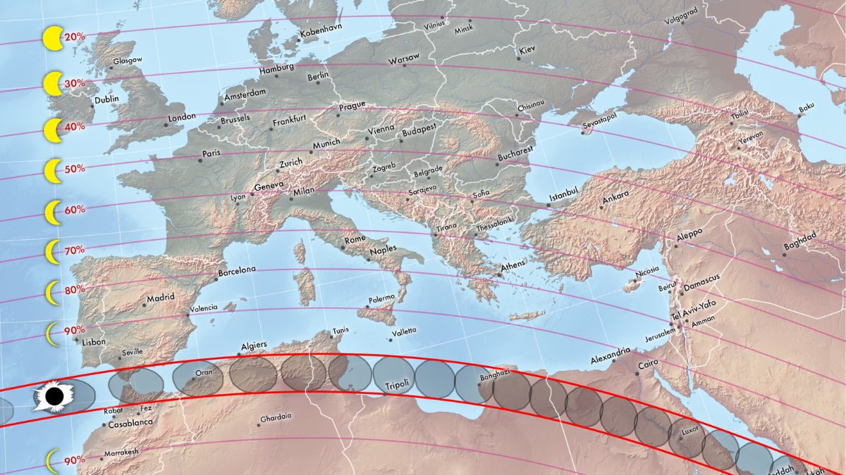 mapa mostrando a trajetória do eclipse solar total em 2027 - no sul da Espanha e no Oriente Médio.